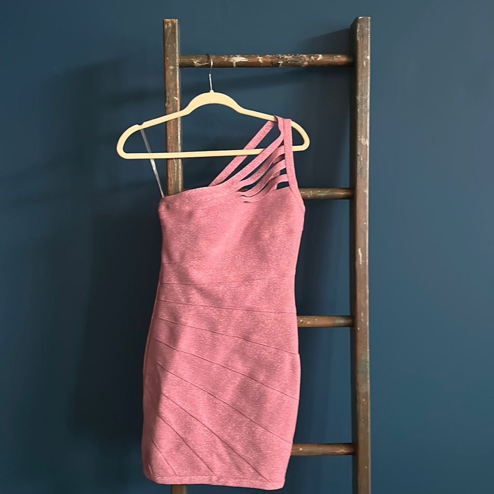 Pink body con sparkle mini dress. Strappy one shoulder neckline. Size M